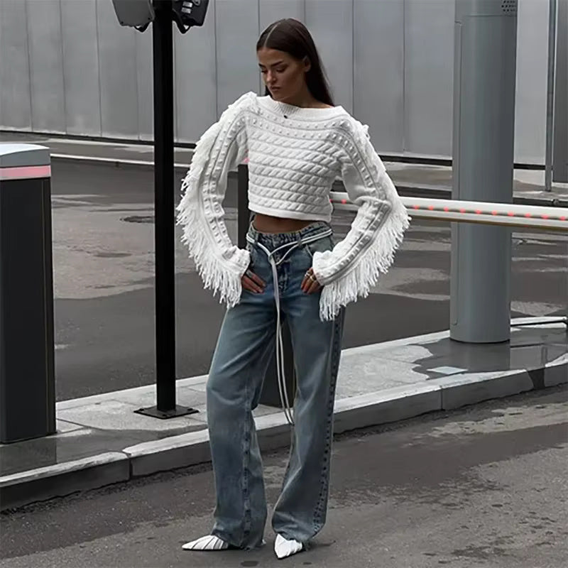 Tassels Off Shoulder Crop Twist Fashion Slash Neck Long Sleeve Pullover High Street Sweater