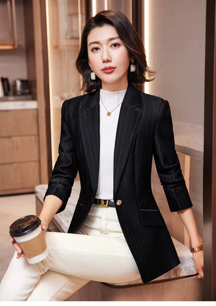 Luxury Bright Striped Long Sleeve Elegant Single Golden Button Formal Suits