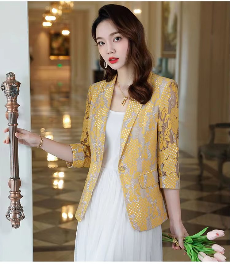 Elegant Lace Hollow Out Korean Fashion Long Sleeve Loose Casual Cardigan Blazers