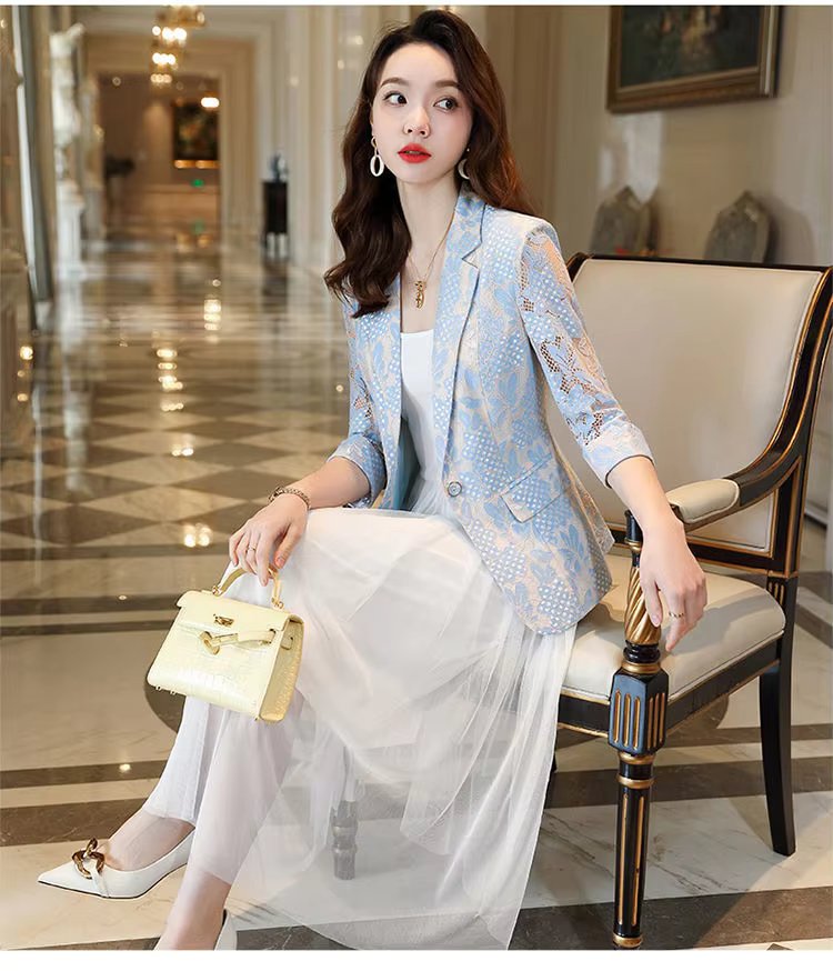 Elegant Lace Hollow Out Korean Fashion Long Sleeve Loose Casual Cardigan Blazers