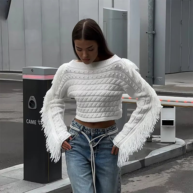 Tassels Off Shoulder Crop Twist Fashion Slash Neck Long Sleeve Pullover High Street Sweater