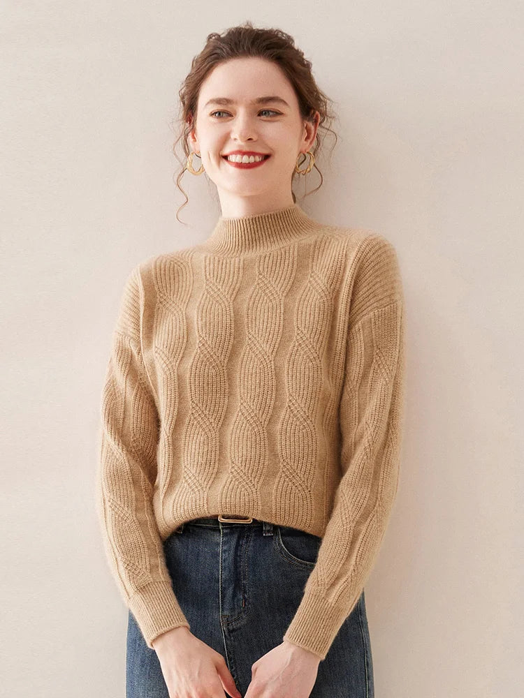 Casual Knitwear Thick Pullover Twist Flower Mock Neck Solid Cashmere Sweater