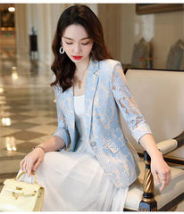 Elegant Lace Hollow Out Korean Fashion Long Sleeve Loose Casual Cardigan Blazers