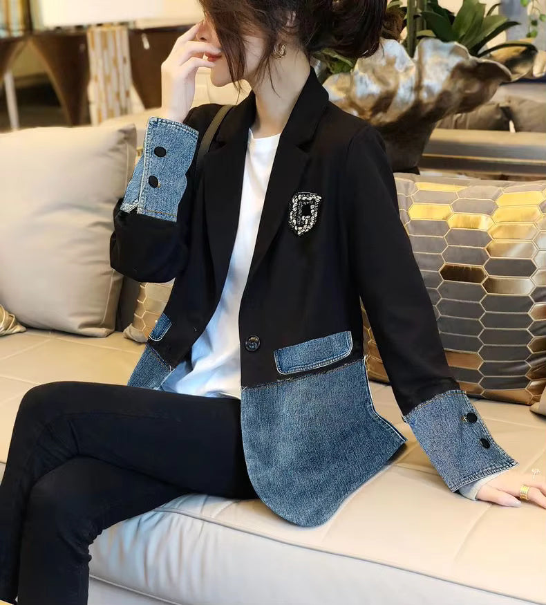 Casual Fashion Denim Patchwork Embroidery All-match Outwear Blazers