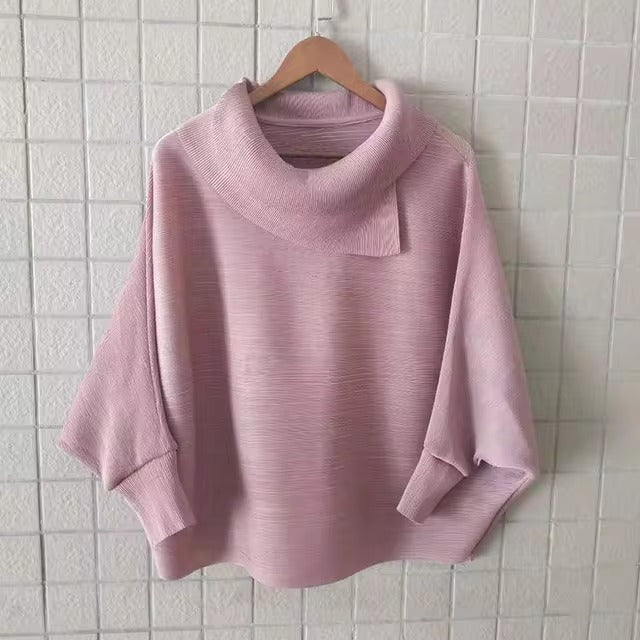 Scarf Collar Batwing Sleeves Pullover Twice Pleated Thickness Loose Sweatshirt