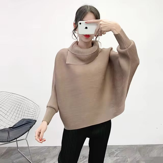 Scarf Collar Batwing Sleeves Pullover Twice Pleated Thickness Loose Sweatshirt