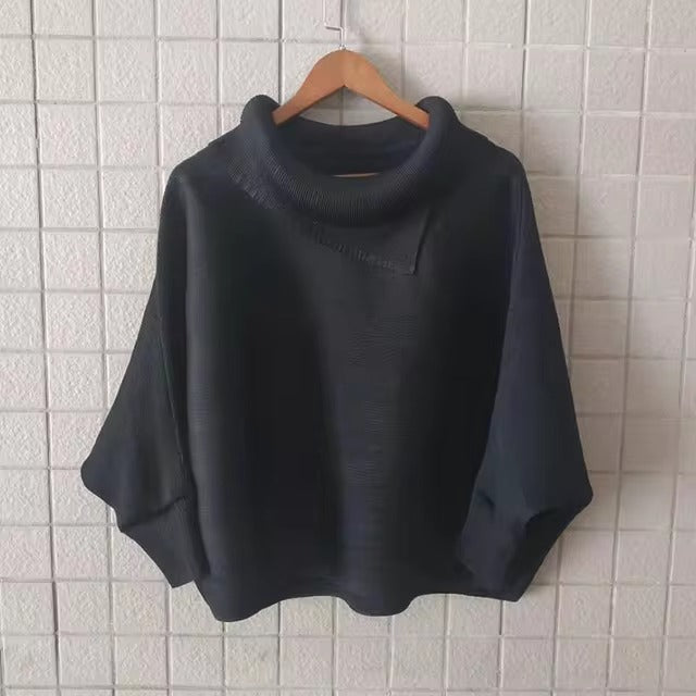 Scarf Collar Batwing Sleeves Pullover Twice Pleated Thickness Loose Sweatshirt