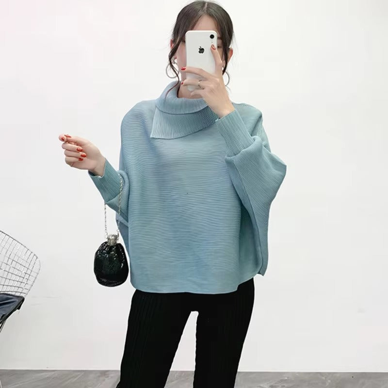 Scarf Collar Batwing Sleeves Pullover Twice Pleated Thickness Loose Sweatshirt