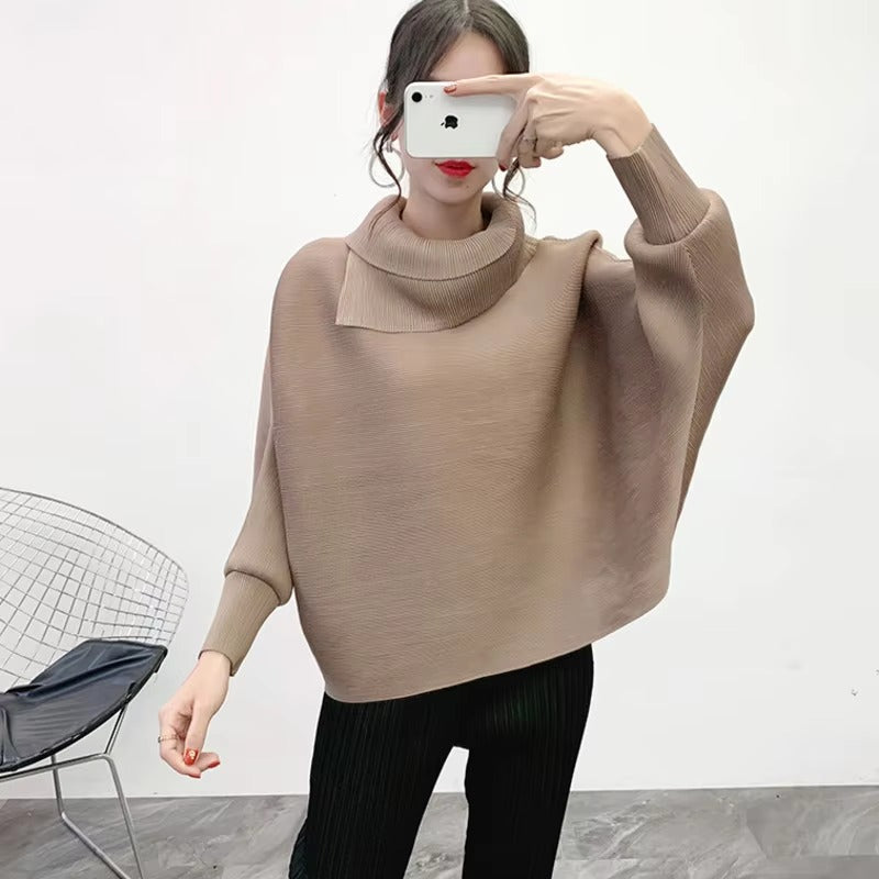 Scarf Collar Batwing Sleeves Pullover Twice Pleated Thickness Loose Sweatshirt