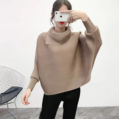 Scarf Collar Batwing Sleeves Pullover Twice Pleated Thickness Loose Sweatshirt