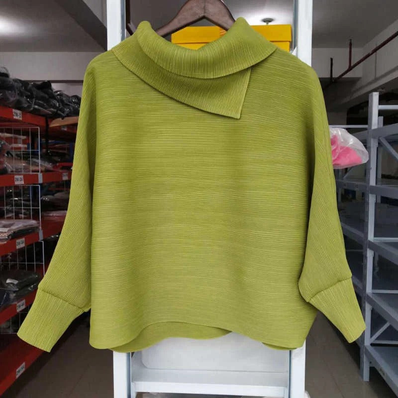 Scarf Collar Batwing Sleeves Pullover Twice Pleated Thickness Loose Sweatshirt