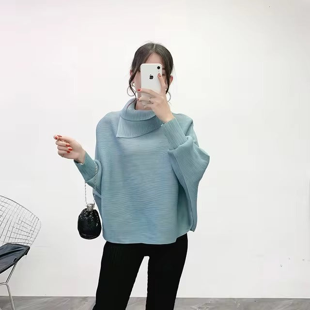 Scarf Collar Batwing Sleeves Pullover Twice Pleated Thickness Loose Sweatshirt