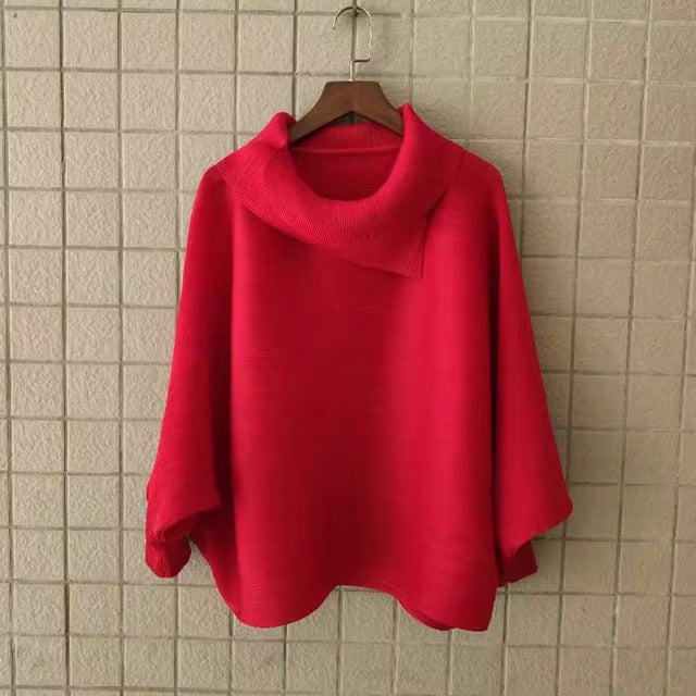 Scarf Collar Batwing Sleeves Pullover Twice Pleated Thickness Loose Sweatshirt