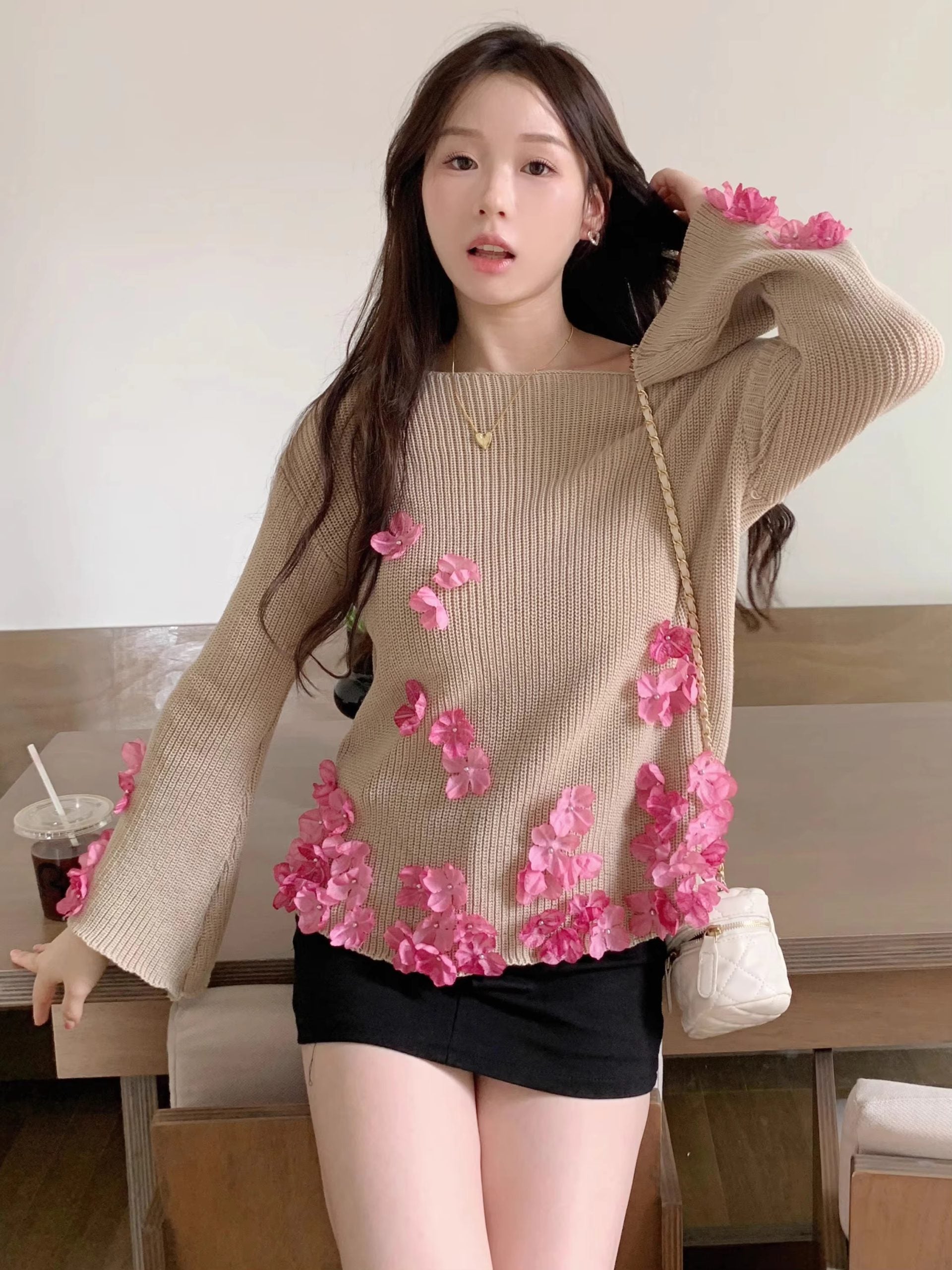 Slash Neck 3D Floral Baggy Tender All-match Pullovers Flare Sleeve Korean Style Sweater