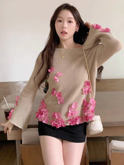 Slash Neck 3D Floral Baggy Tender All-match Pullovers Flare Sleeve Korean Style Sweater