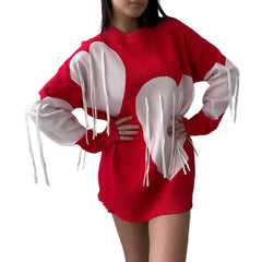 Round Neck Knitwear Tassel Contrast Color Long Sleeve Ribber Loose Fit  Sweater Tops
