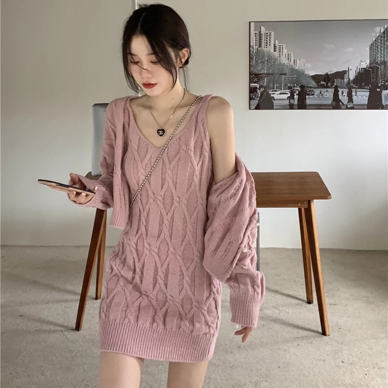 Sexy Chiffon Two-piece Sweater And  Soft Waxy Slim Sling Dress Set