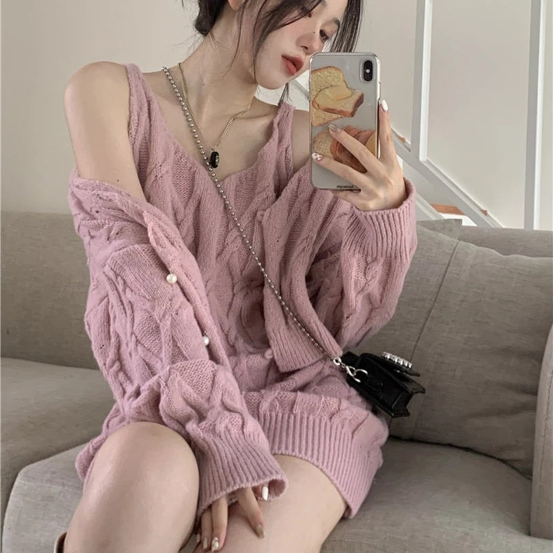 Sexy Chiffon Two-piece Sweater And  Soft Waxy Slim Sling Dress Set