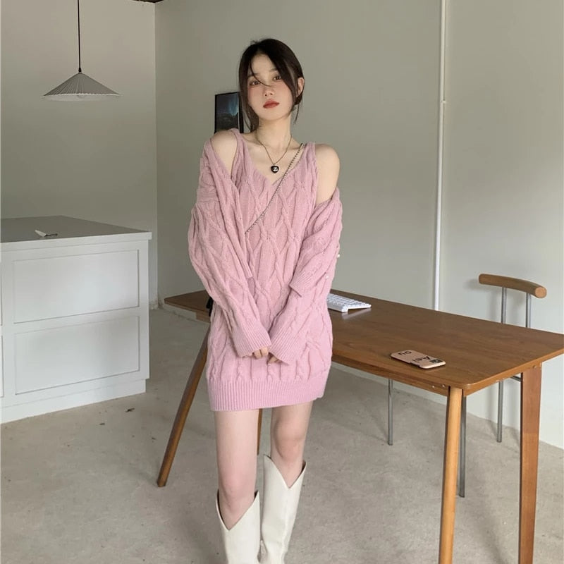 Sexy Chiffon Two-piece Sweater And  Soft Waxy Slim Sling Dress Set
