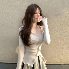 Sexy Long Sleeve Irregular Collar Knitting Sweater