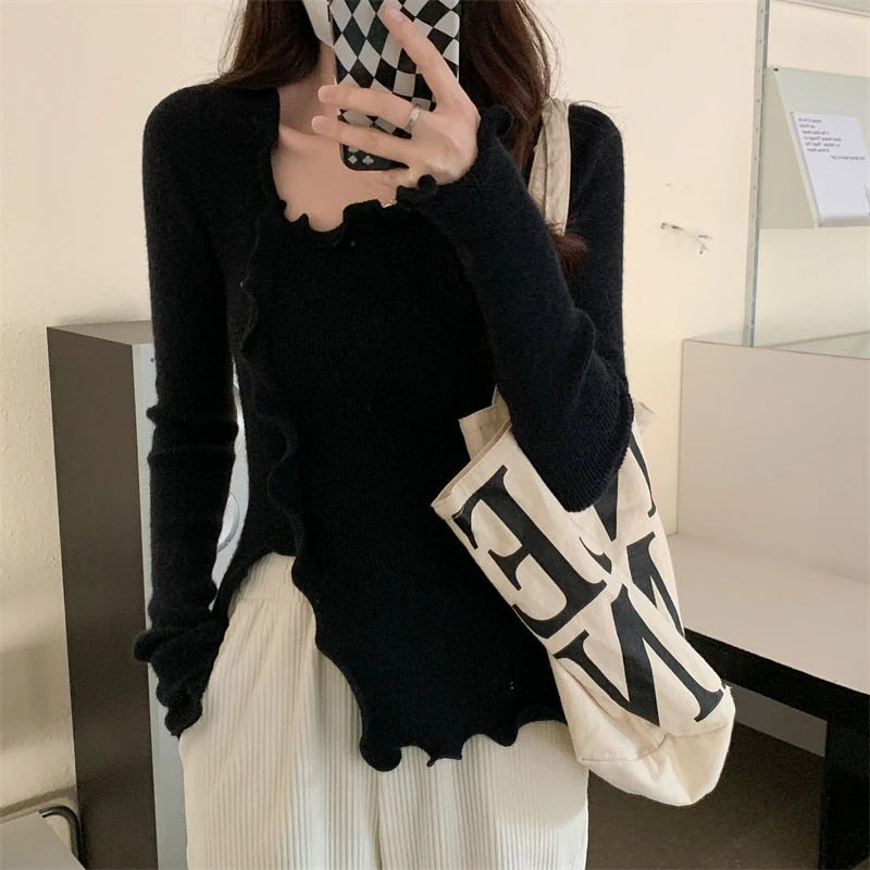 Sexy Long Sleeve Irregular Collar Knitting Sweater