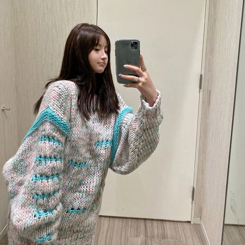 Sexy O-Neck Full Sleeve Striped Loose Sweater