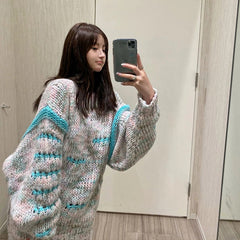Sexy O-Neck Full Sleeve Striped Loose Sweater