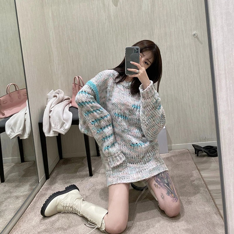Sexy O-Neck Full Sleeve Striped Loose Sweater