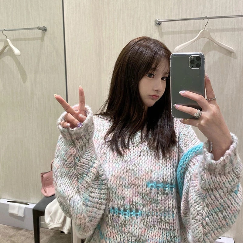 Sexy O-Neck Full Sleeve Striped Loose Sweater
