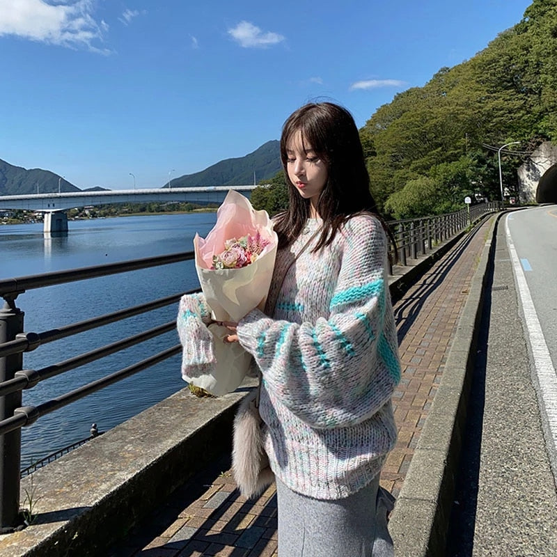 Sexy O-Neck Full Sleeve Striped Loose Sweater