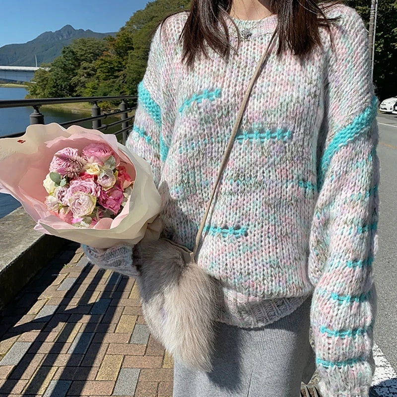 Sexy O-Neck Full Sleeve Striped Loose Sweater