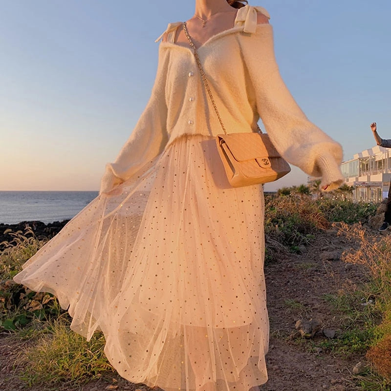 Sexy Off Shoulder Lantern Sleeve Cardigan Sweater