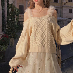 Sexy Off Shoulder Lantern Sleeve Sweater