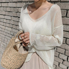 Sexy Solid V Neck Pullovers Cutout Oversize Elegant Jumpers