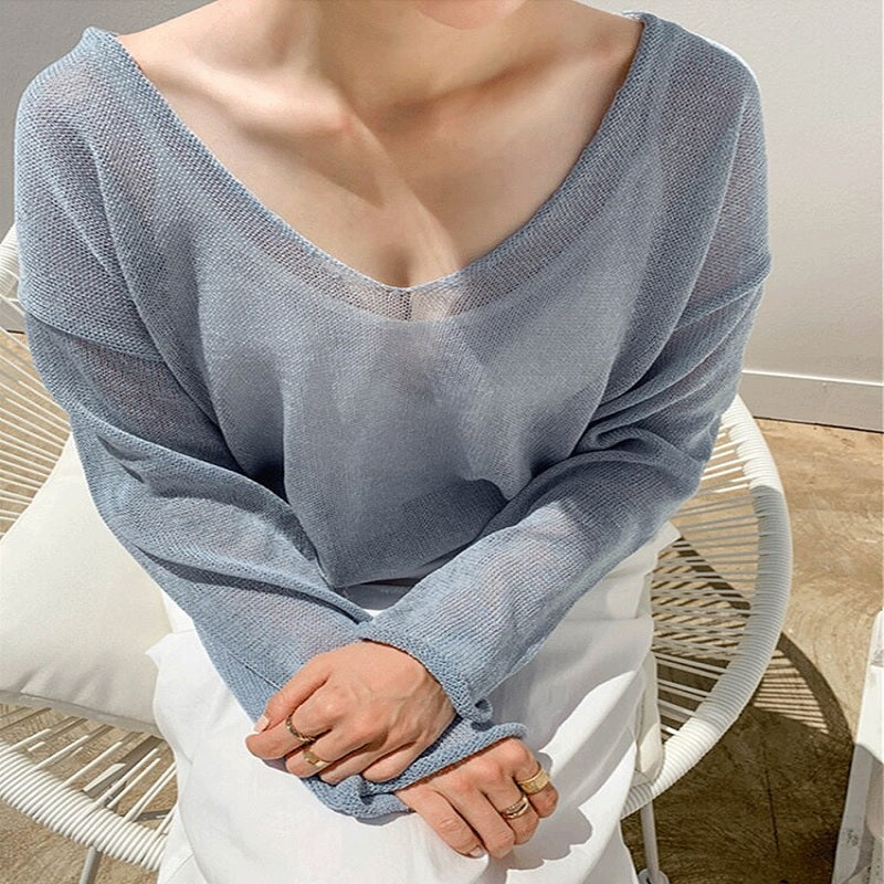 Sexy Solid V Neck Pullovers Cutout Oversize Elegant Jumpers