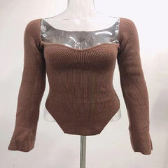 Sexy Square Collar Long Sleeve Knitted Sweater