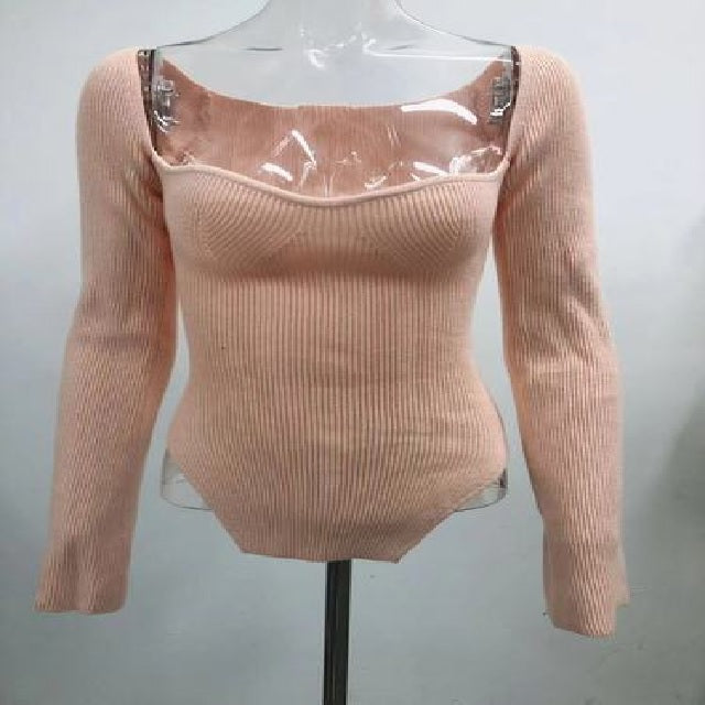 Sexy Square Collar Long Sleeve Knitted Sweater