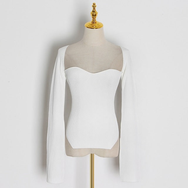 Sexy Square Collar Long Sleeve Knitted Sweater