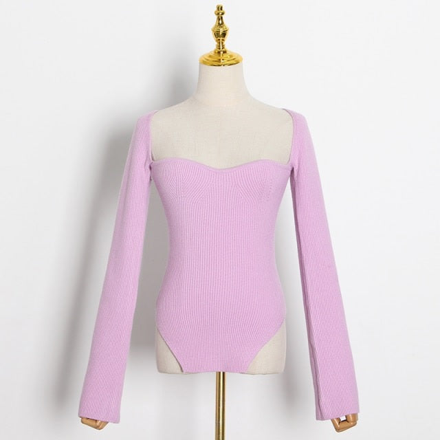 Sexy Square Collar Long Sleeve Knitted Sweater