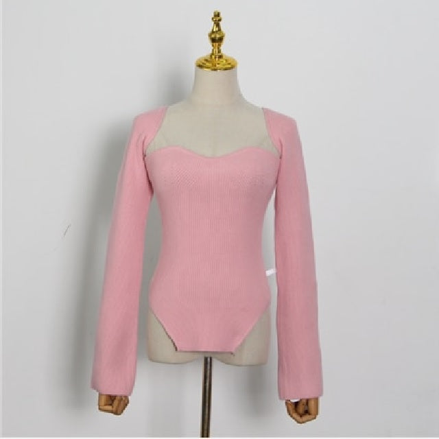 Sexy Square Collar Long Sleeve Knitted Sweater