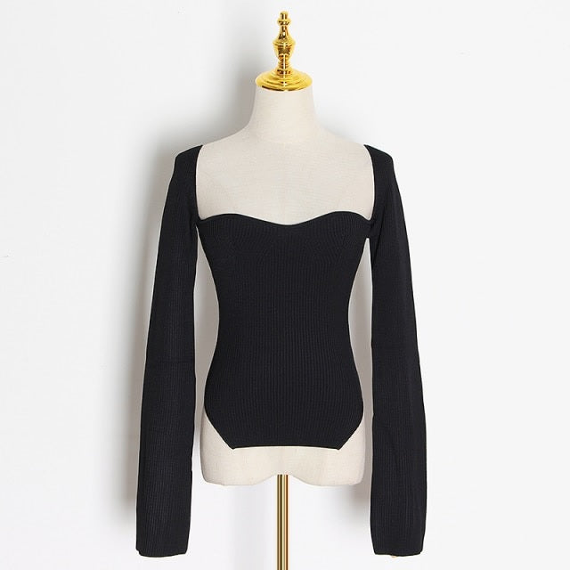 Sexy Square Collar Long Sleeve Knitted Sweater