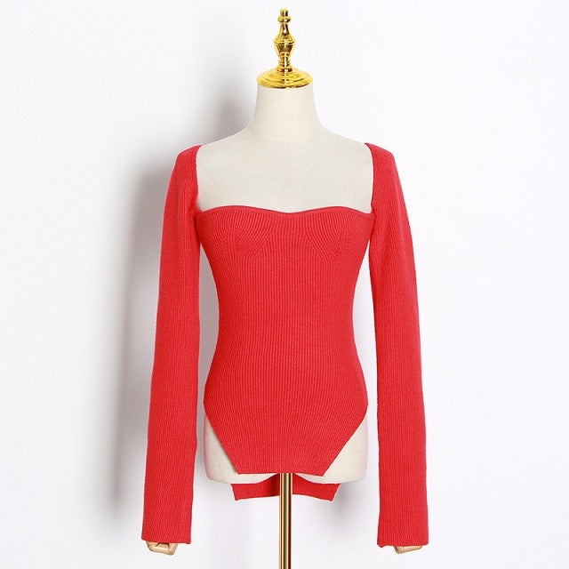 Sexy Square Collar Long Sleeve Knitted Sweater