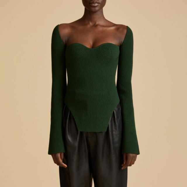 Sexy Square Collar Long Sleeve Knitted Sweater