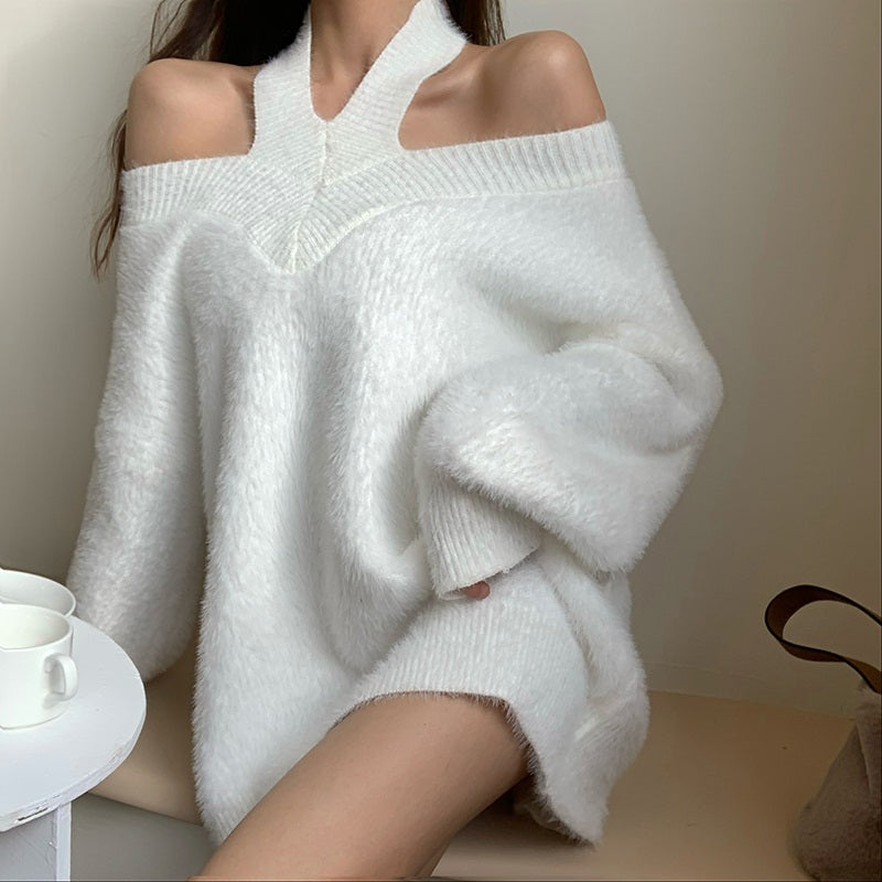 Sexy Strapless V-neck Hollow out Long Sleeve Sweater