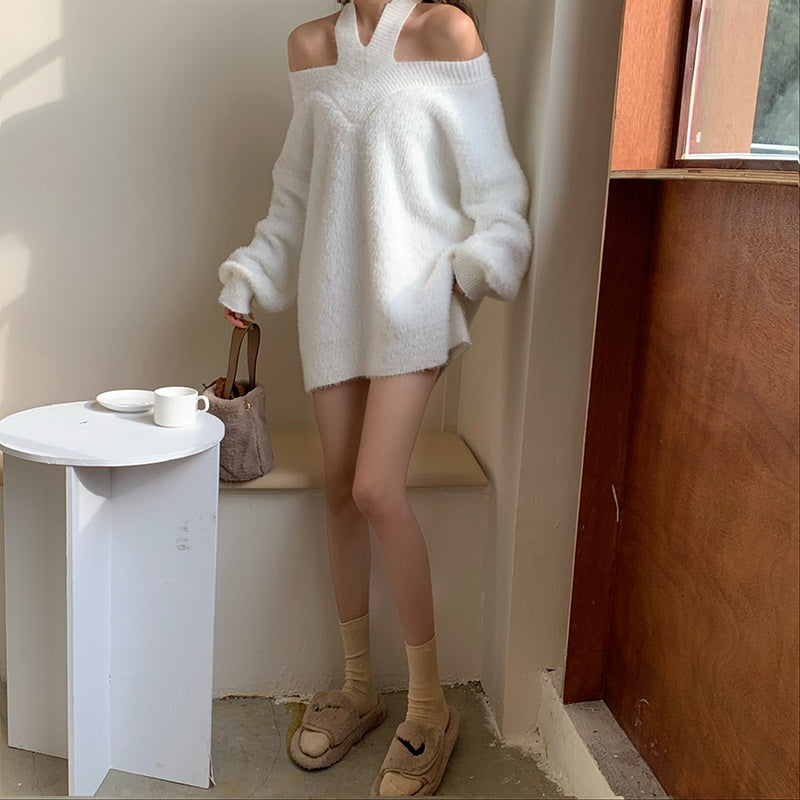 Sexy Strapless V-neck Hollow out Long Sleeve Sweater