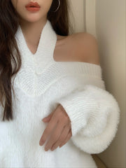 Sexy Strapless V-neck Hollow out Long Sleeve Sweater