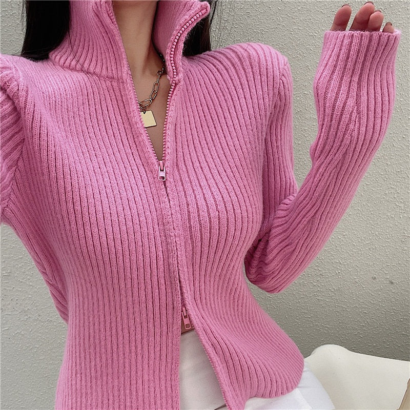 Sexy Turtleneck Double Zipper Long Sleeve Sweater