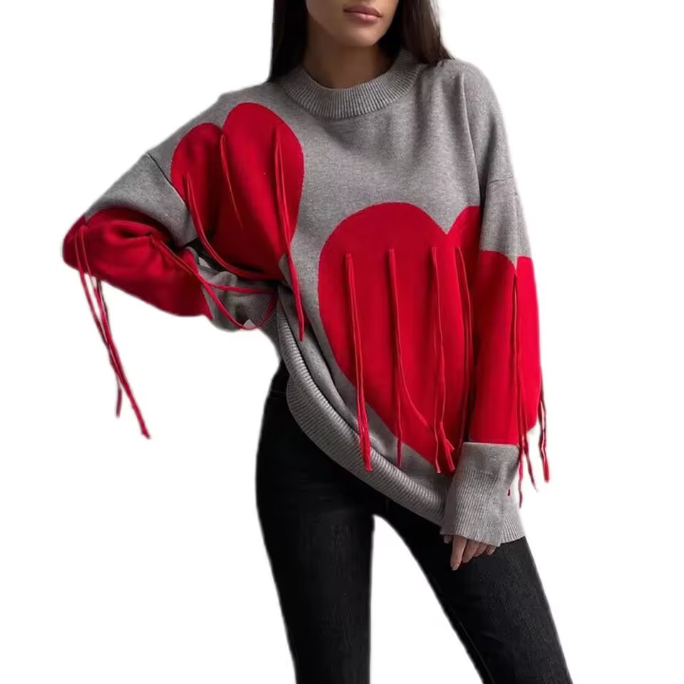 Round Neck Knitwear Tassel Contrast Color Long Sleeve Ribber Loose Fit  Sweater Tops