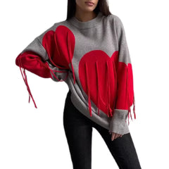 Round Neck Knitwear Tassel Contrast Color Long Sleeve Ribber Loose Fit  Sweater Tops