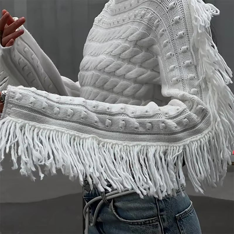 Tassels Off Shoulder Crop Twist Fashion Slash Neck Long Sleeve Pullover High Street Sweater